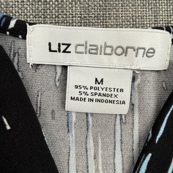 Liz Claiborne Blouse V-Neckline Top Medium Stretchy Black Blue Long Sleeve - Picture 2 of 11